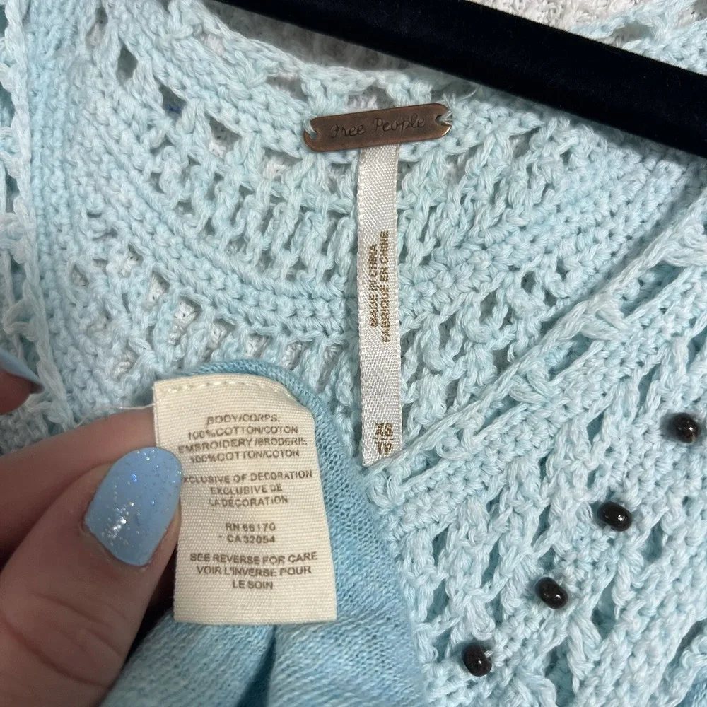 RARE Free People Crochet Beaded Neck Swing Tunic‎ Tank Top Blouse Aqua Blue XS